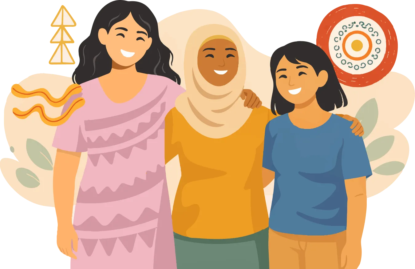 Illustration of women from diverse cultural backgrounds standing together