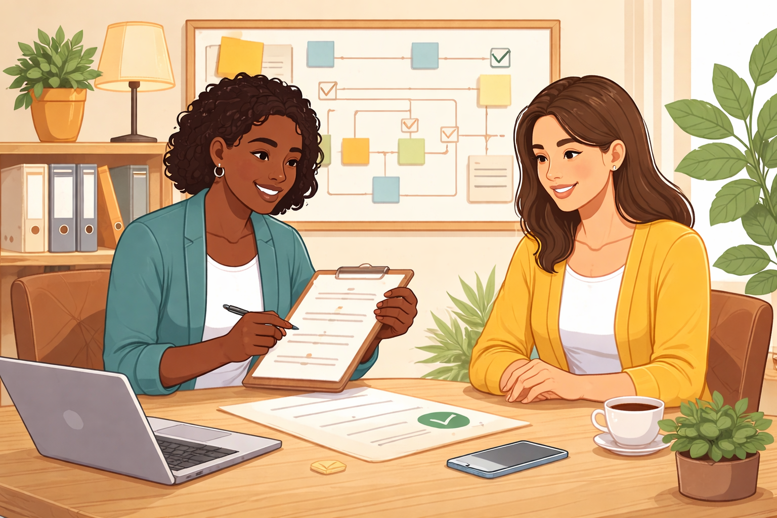 Illustration of a parent and child sitting and talking together