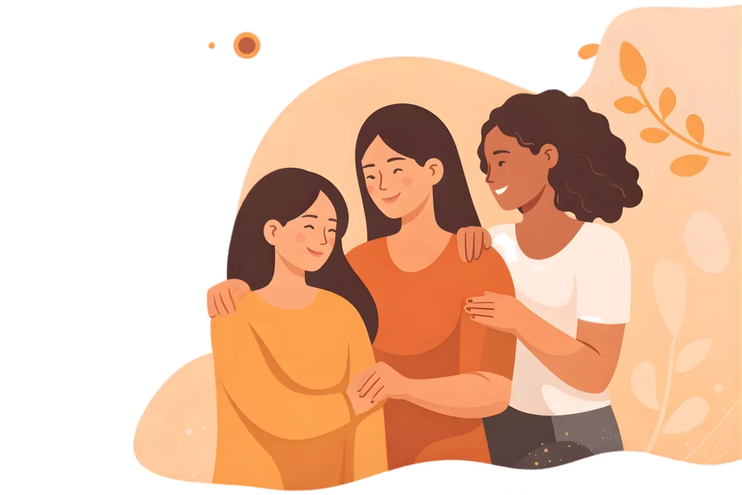 Illustration of three women embracing in support of one another