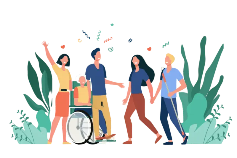 Illustration of a diverse group walking together outdoors, including a wheelchair user