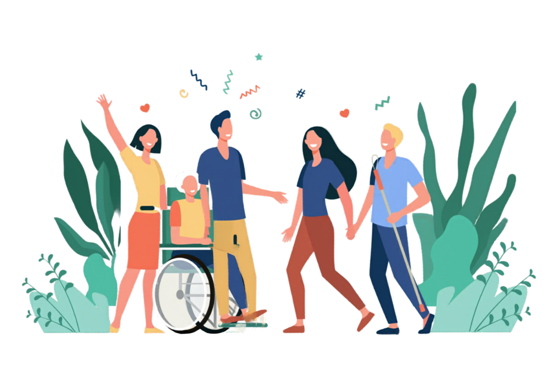 Illustration of a diverse group walking together outdoors, including a wheelchair user