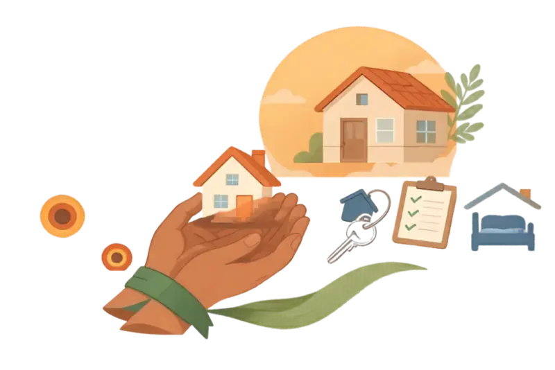 Illustration of a hand holding a house key with moving boxes nearby