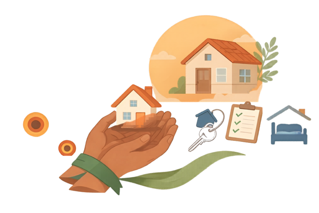 Illustration of a hand holding a house key with moving boxes nearby