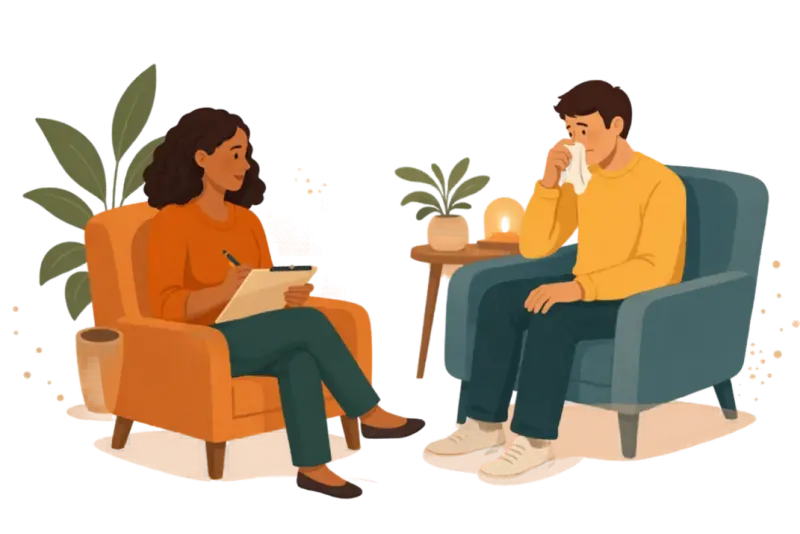 Illustration of two people sitting and talking supportively