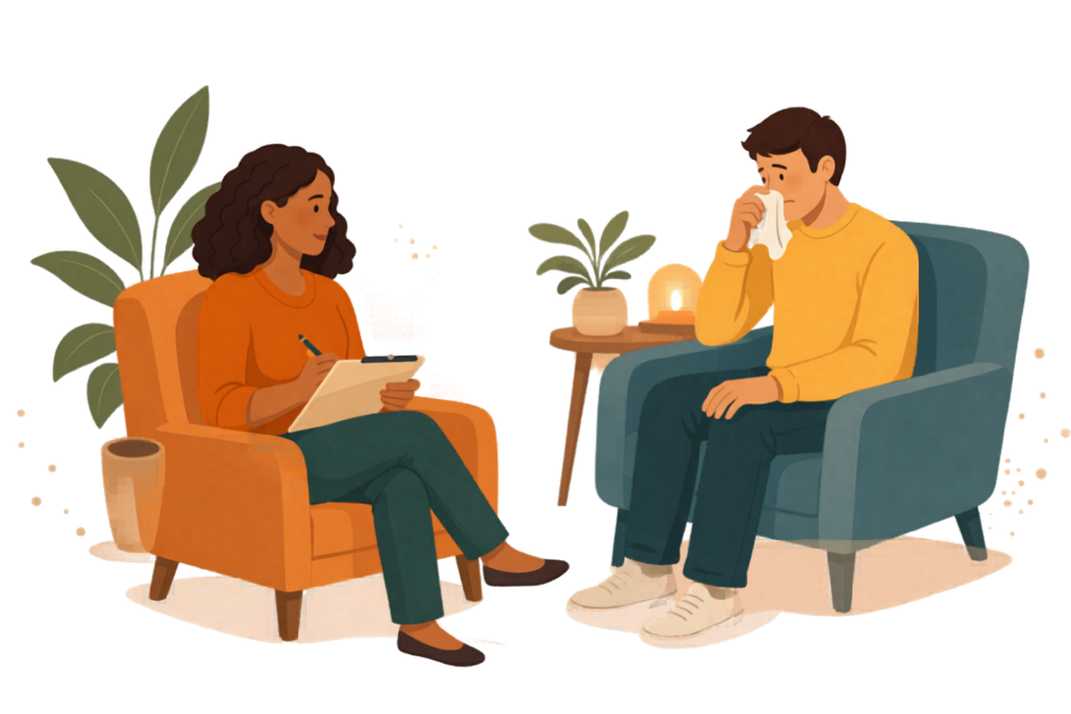 Illustration of two people sitting and talking supportively