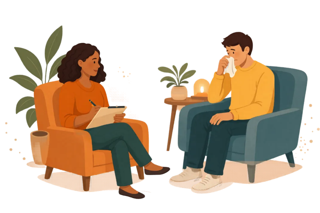 Illustration of two people sitting and talking supportively