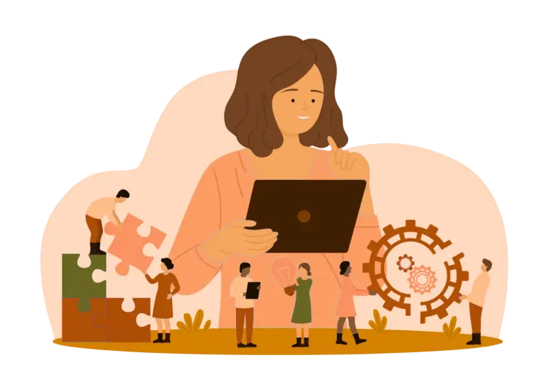 Illustration of a parent working through a plan with children nearby