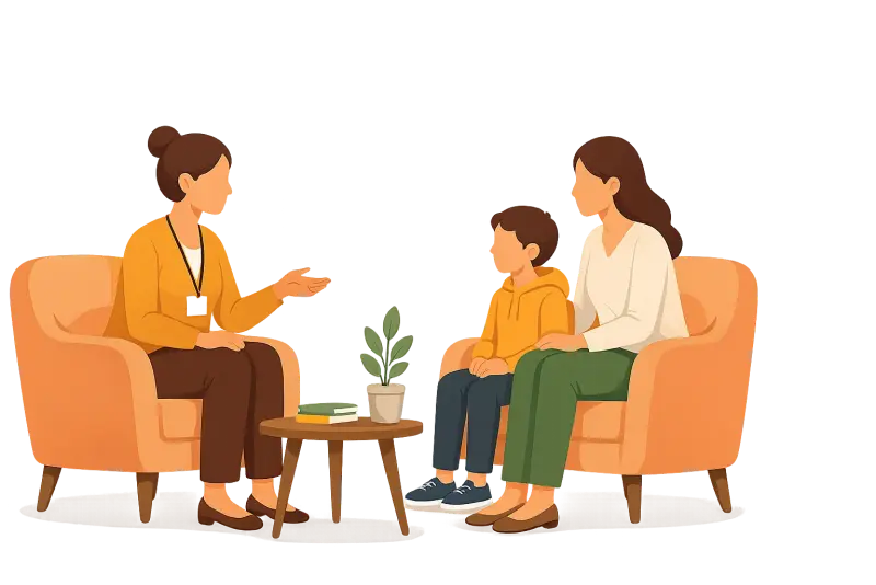 Illustration of a supportive conversation between a parent and two children