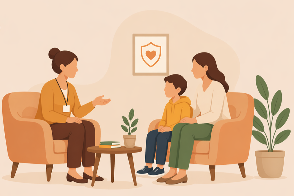 Illustration of a counsellor talking supportively with a parent and child
