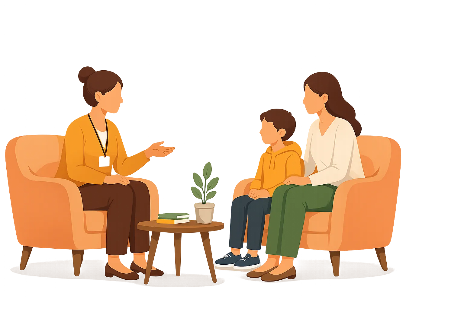 Illustration of a supportive conversation between a parent and two children