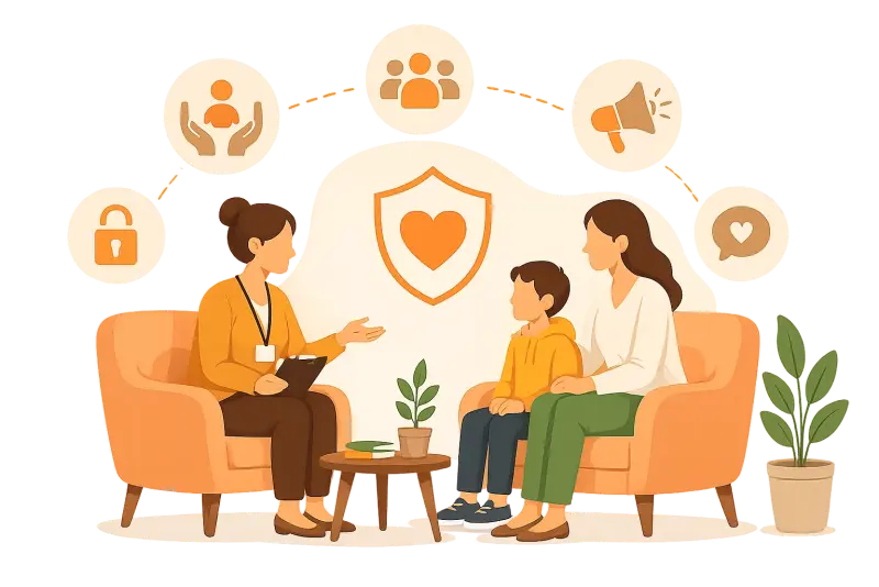 Illustration of a family supported by safety and protection icons