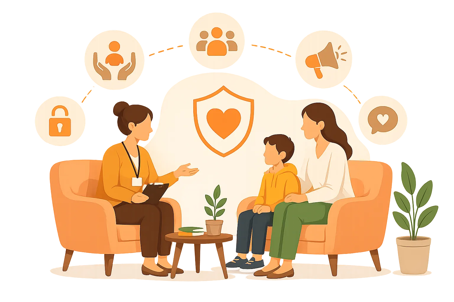 Illustration of a family supported by safety and protection icons