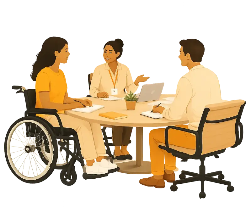 Illustration of a service coordination meeting around a table
