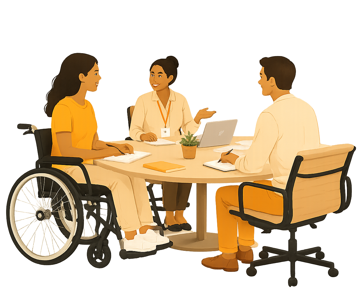 Illustration of a service coordination meeting around a table