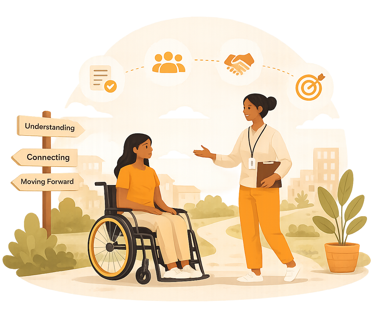 Illustration of a support worker helping someone move forward with understanding and connection