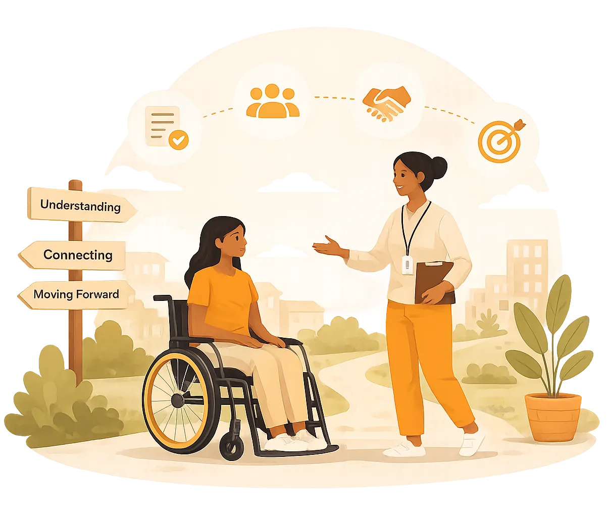 Illustration of a support worker helping someone move forward with understanding and connection